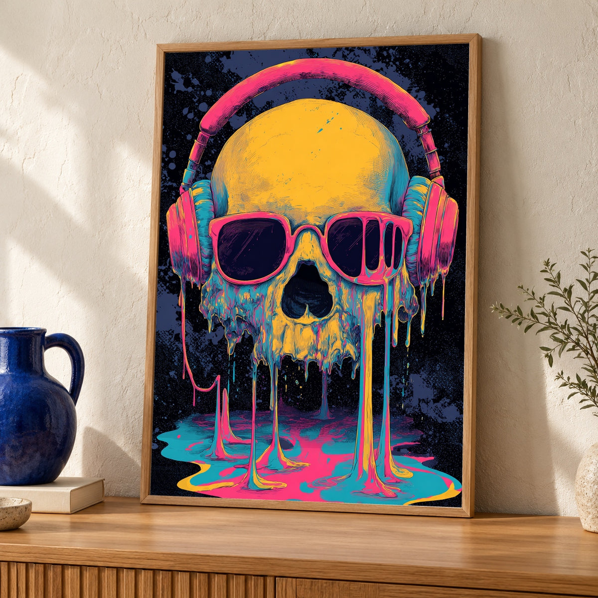 Psychedelic Skull Art, Neon Melting Poster, Hypebeast Decor — oak frame room mockup