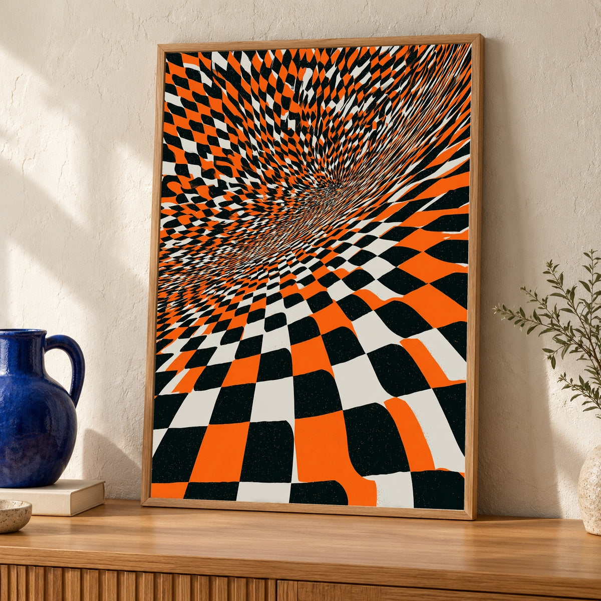 Retro Wall Art, Warped Checkerboard Psychedelic Illusion, Hypebeast Decor — oak frame room mockup