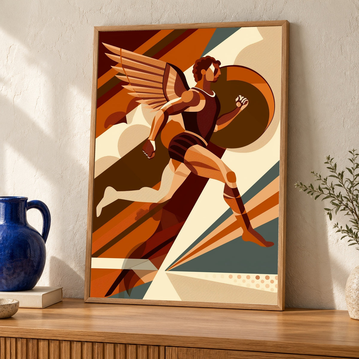 Greek Mythology Art, Hermes Winged God Print, Geometric Mid-Century — oak frame room mockup