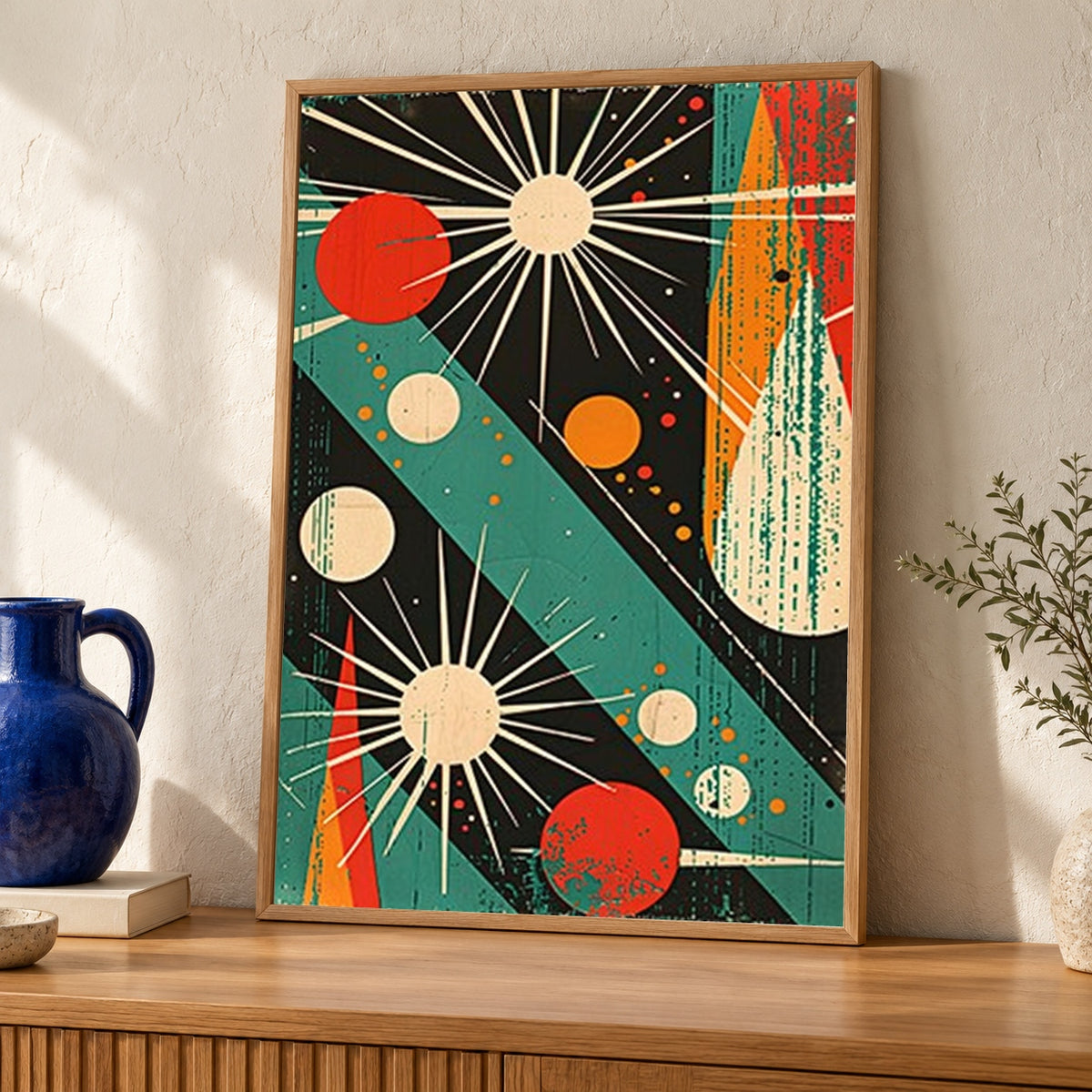 Retro Space Wall Art, Atomic Age Starburst Planet Print — oak frame room mockup