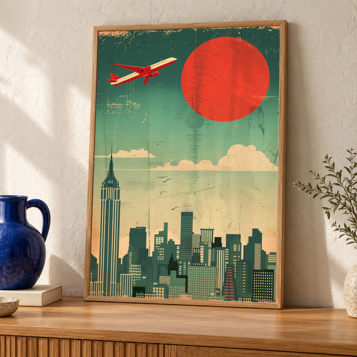 Retro Travel Poster, Mid Century City Skyline Print, Aviation