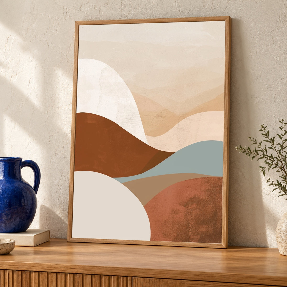 Abstract Arch Print, Mid Century Minimal Curve, Boho — oak frame room mockup