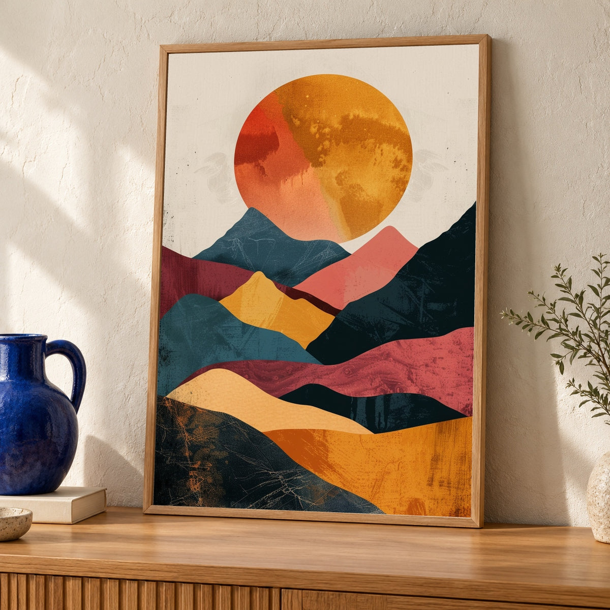 Retro Sunset Hills Art, Mid Century Mountain Landscape, Abstract Decor — oak frame room mockup