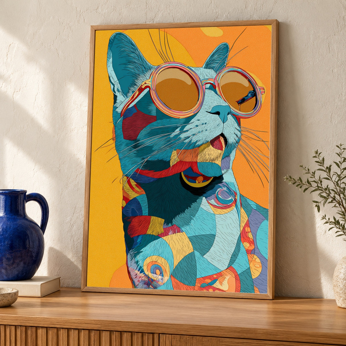Groovy Cat Wall Art, Funky 70s Poster, Psychedelic Cat Print, Retro Sunglasses Kitty Decor, Playful Cartoon Gloss Print — oak frame room mockup