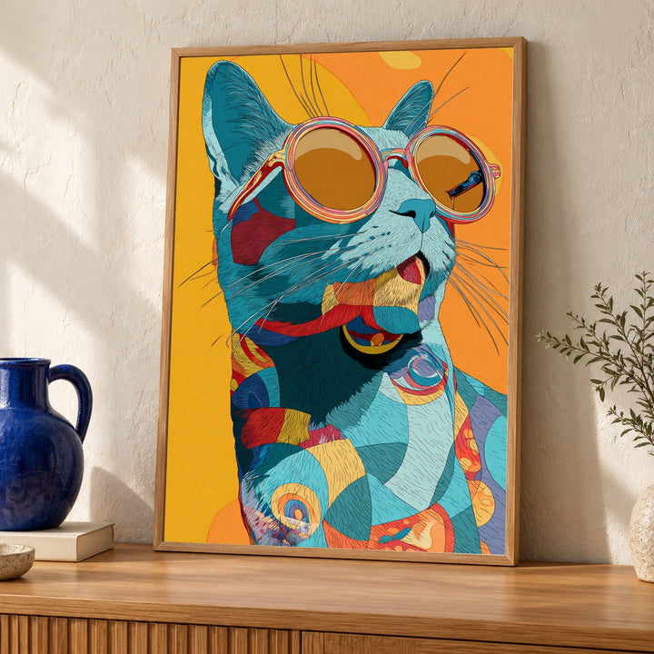 Groovy Cat Wall Art, Funky 70s Poster, Psychedelic Cat Print, Retro Sunglasses Kitty Decor, Playful Cartoon Gloss Print