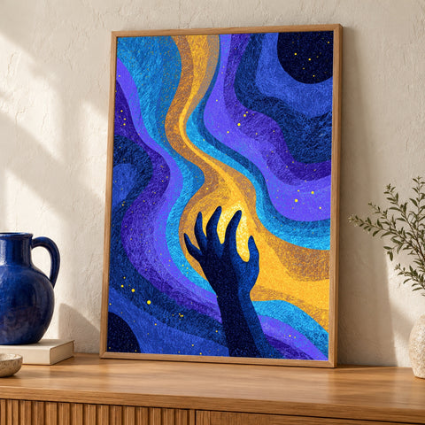 Fantasy Wall Art, Celestial Hand Print, Psychedelic Cosmic Poster — oak frame room mockup