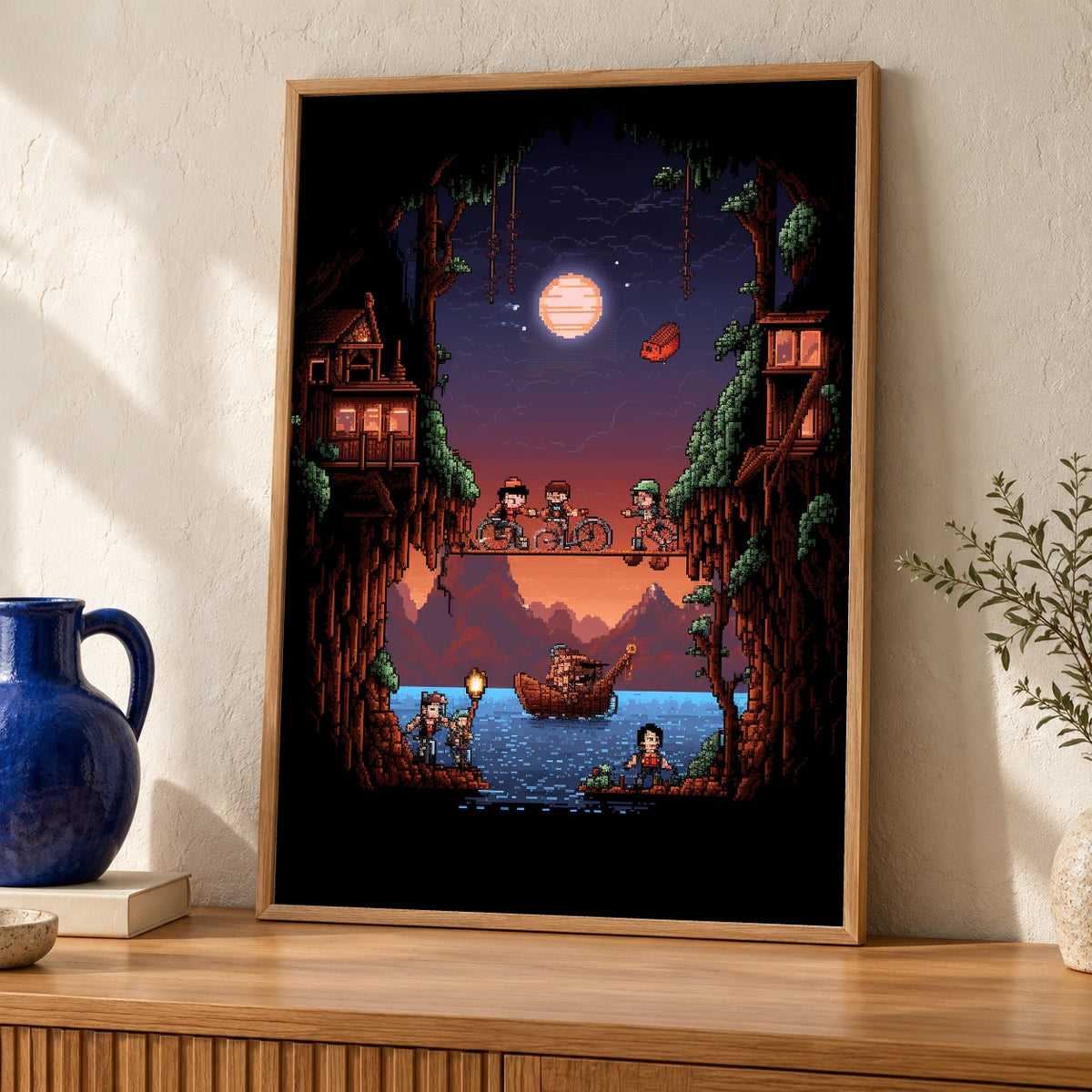 Retro Pixel Art, 8-Bit Kids Bikes Cave Poster, Gamer Gift — oak frame room mockup