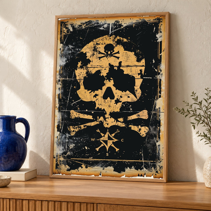 Retro Adventure Art, Bold Treasure Map Skull Icon Print