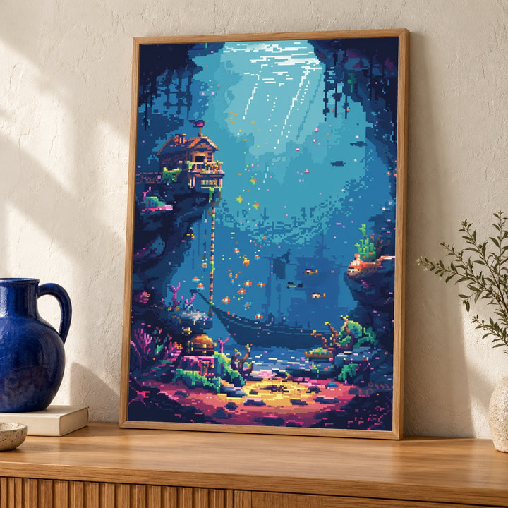 Pixel Ocean Wall Art, Retro Underwater Sea Print, Gamer Gift