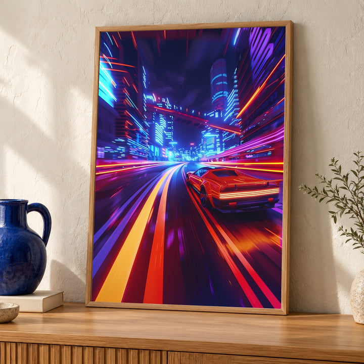 Retro Racing Wall Art, Neon City Arcade Car Print