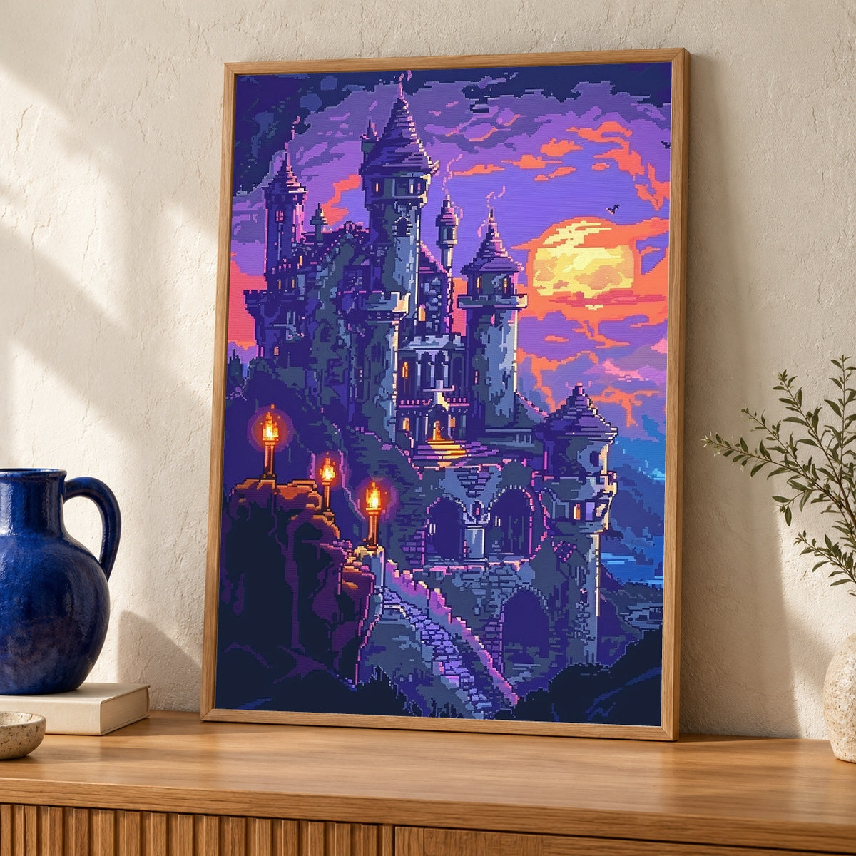 Fantasy Castle Art, Pixel Medieval Print, Dark Retro Gaming Poster — oak frame room mockup