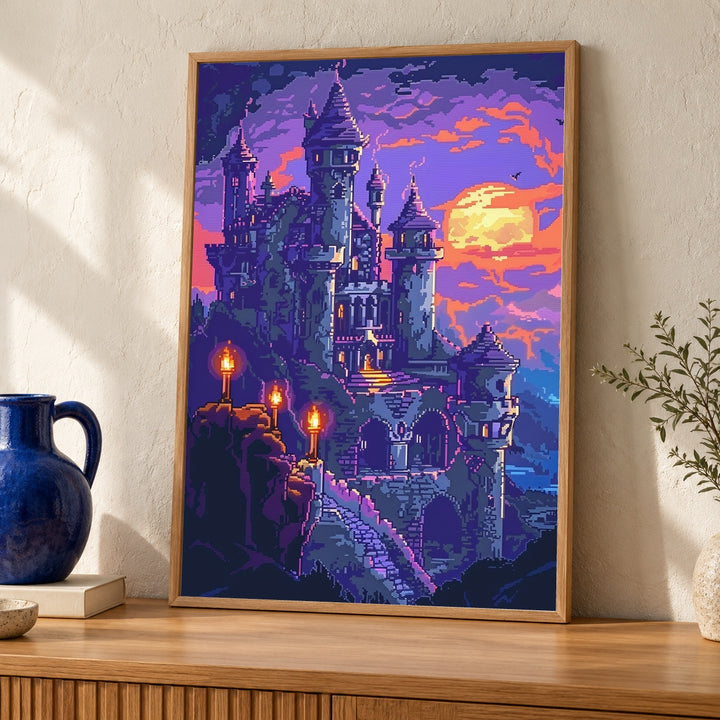 Fantasy Castle Art, Pixel Medieval Print, Dark Retro Gaming Poster