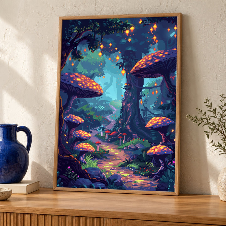 Fantasy Forest Art, Pixel Mushroom Glowing Print, Gamer Gift