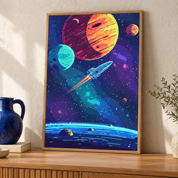 Retro Space Wall Art, 8-Bit Spaceship Galaxy Print