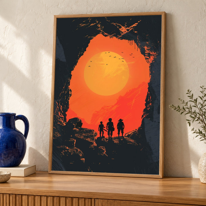 Retro Adventure Poster, Kids Cave Silhouette Print