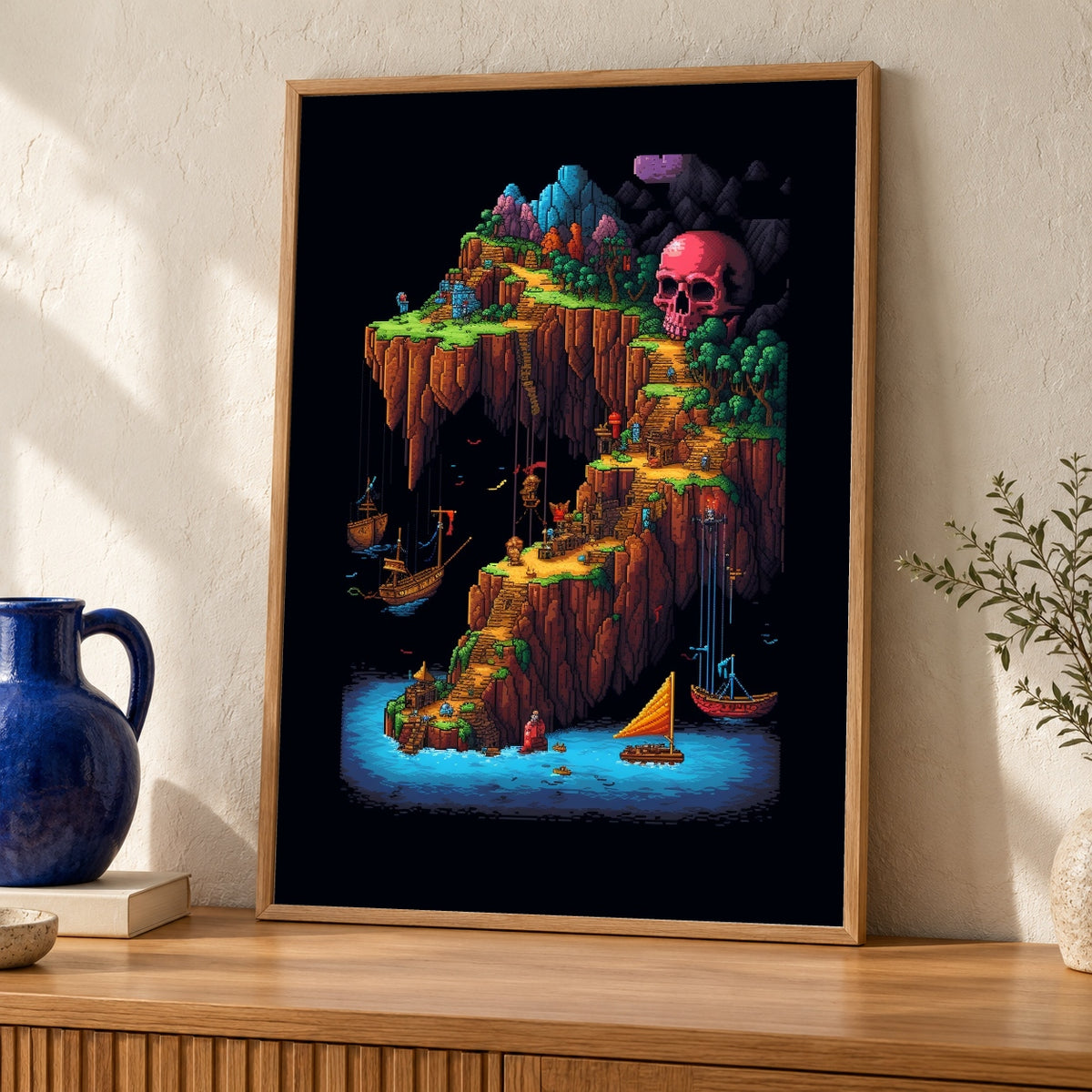 Pixel Adventure Art, 8-Bit Pirate Skull Map Print — oak frame room mockup