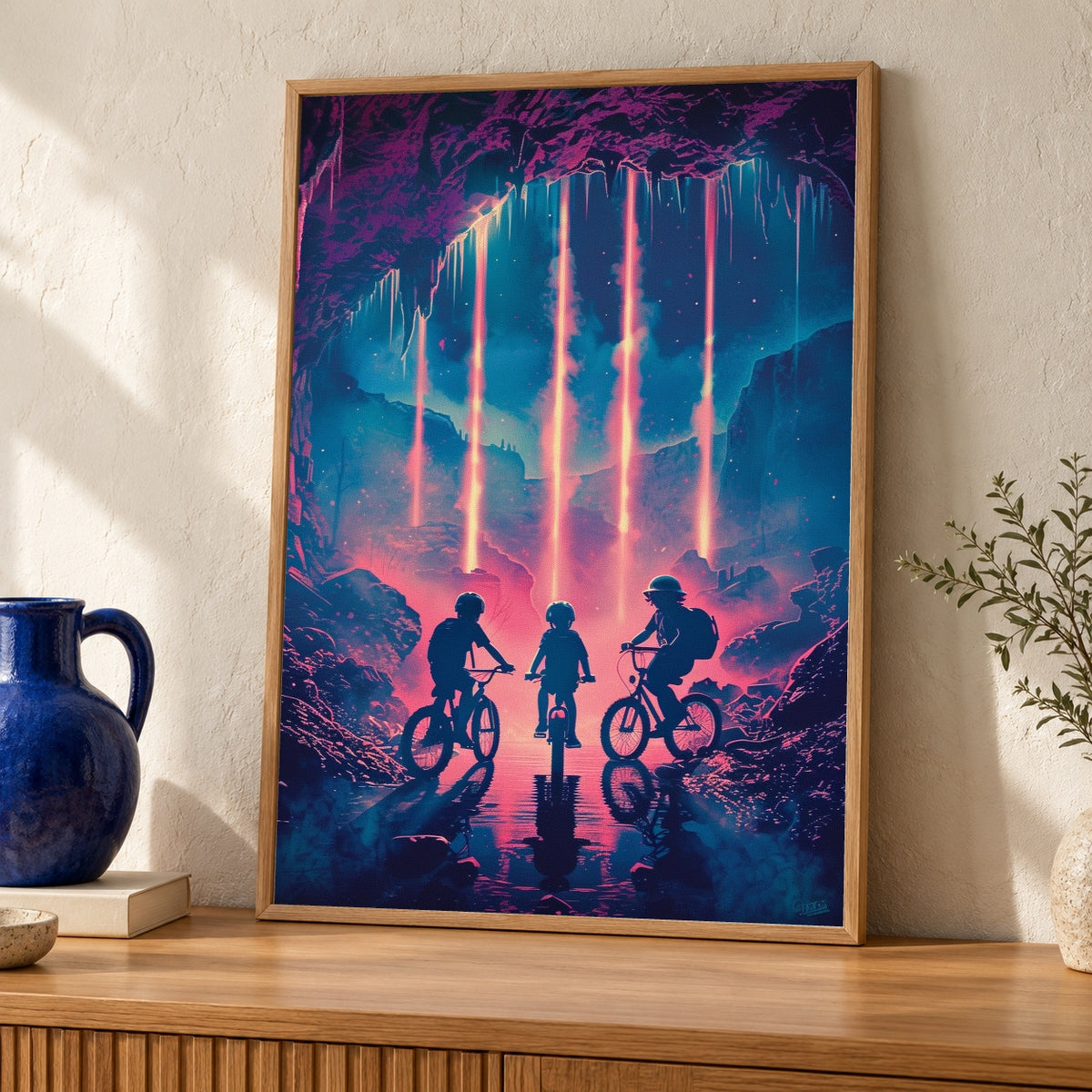 Retro 80s Adventure, Kids on Bikes Neon Cave Poster — oak frame room mockup