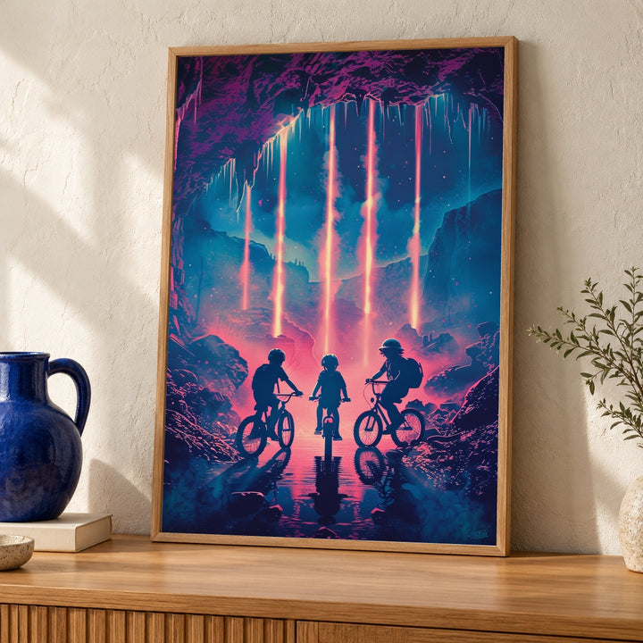 Retro 80s Adventure, Kids on Bikes Neon Cave Poster