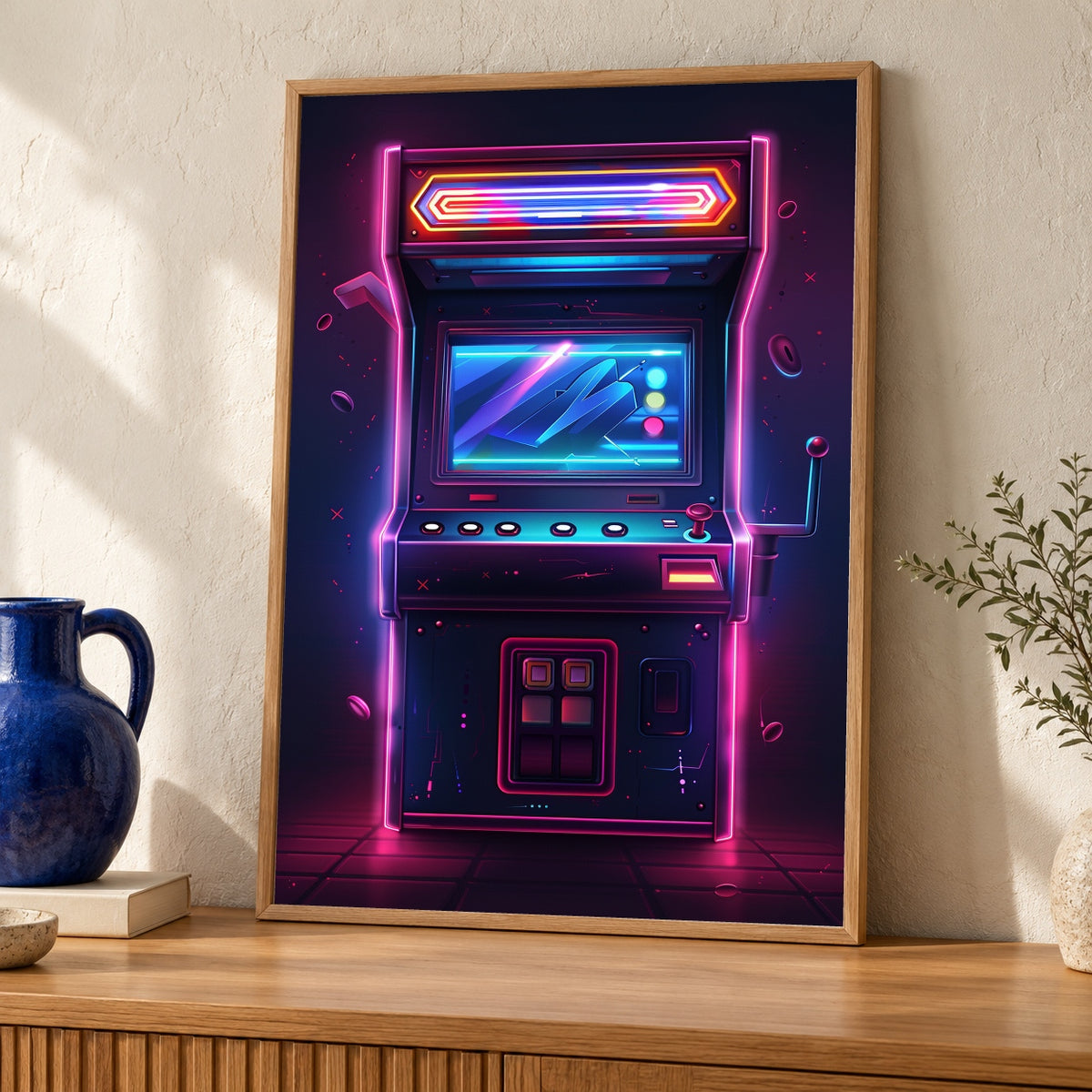 Retro Arcade Cabinet Art, Classic Neon Gaming Machine Print — oak frame room mockup