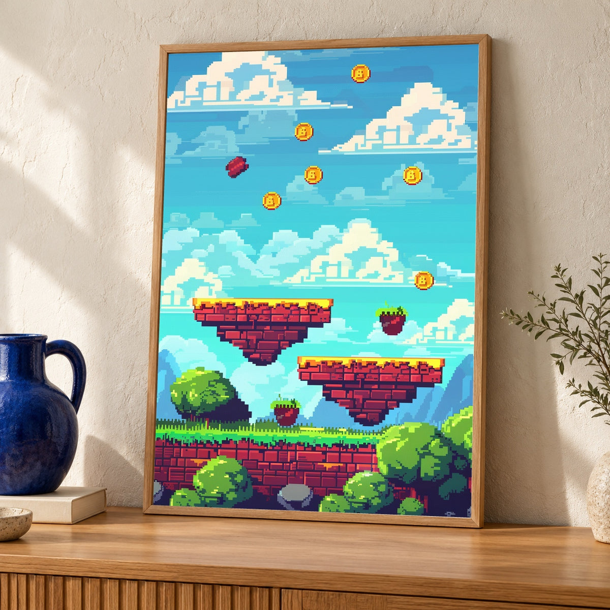 Retro Wall Art, Pixel Platformer Print, Gamer Gift — oak frame room mockup