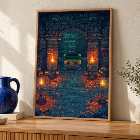Fantasy Dungeon Art, Pixel RPG Treasure Chest Print, Gamer Gift — oak frame room mockup