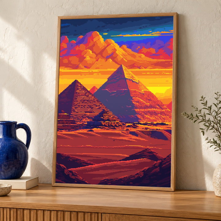 Pixel Desert Art, Egyptian Pyramids Retro Print, Gamer Gift