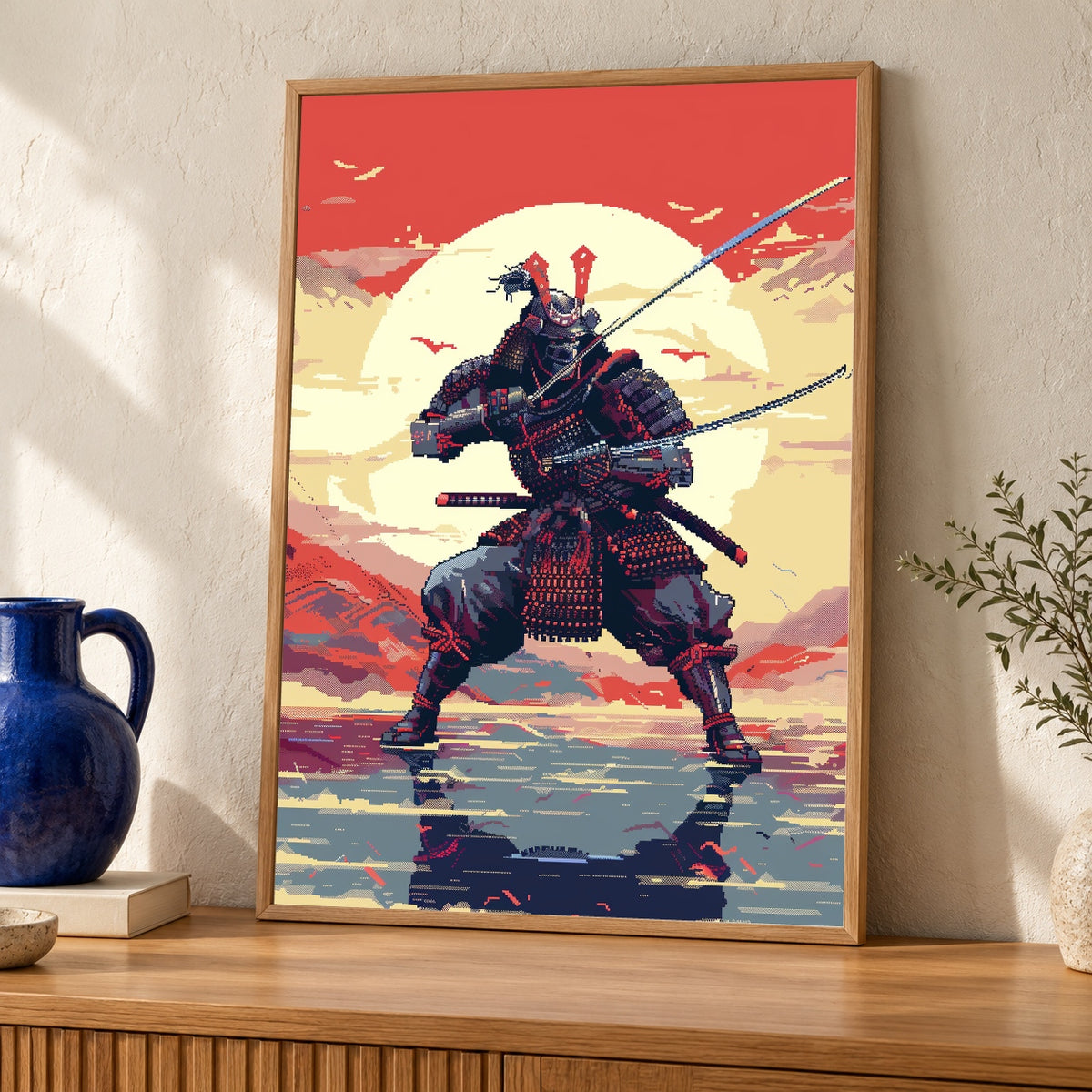 Pixel Samurai Art, Retro 8-Bit Warrior Print, Gamer Gift — oak frame room mockup