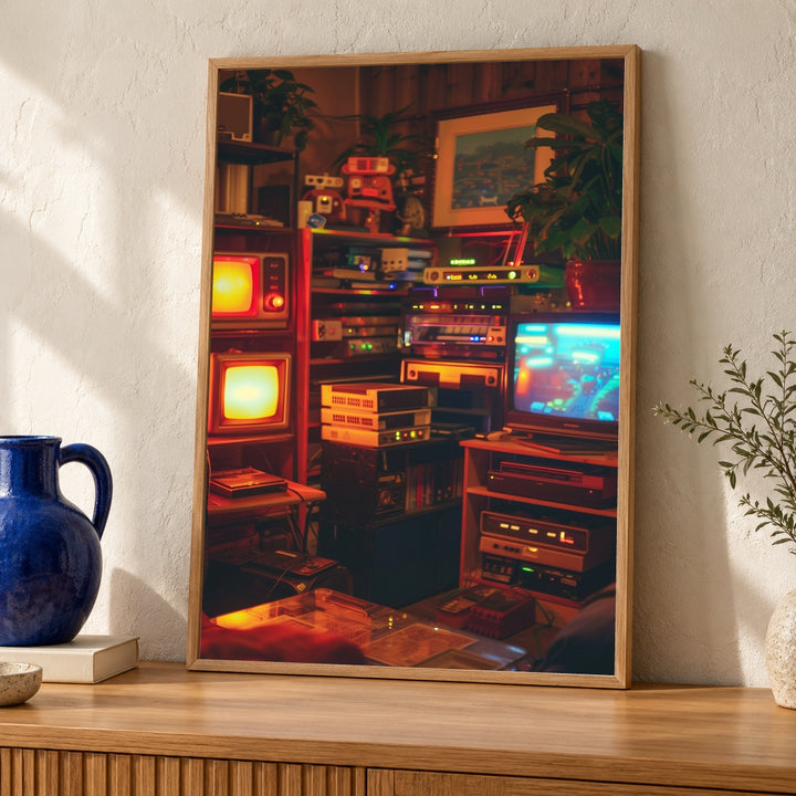 Retro Gaming Room Poster, 1980s Console Setup Wall Art, Cozy Gamer Room Print, Nostalgic Retro Video Game Decor Gloss Print