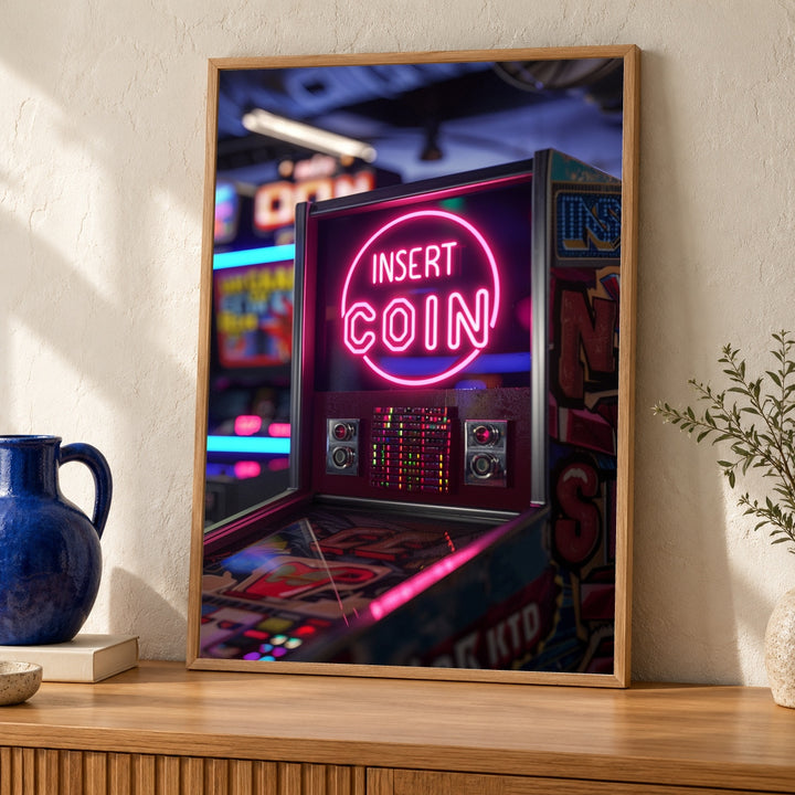 Retro Arcade Typography Poster, 1980s Neon Gaming Wall Art, INSERT COIN Pixel Print, Nostalgic Gamer Decor Gloss Print