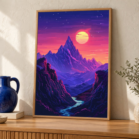 Fantasy Wall Art, Retro Pixel Mountain Print, 8-Bit Gamer Gift — oak frame room mockup