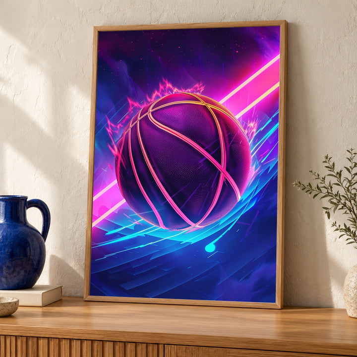 Retro Neon Basketball Poster, 80s Synthwave Sports Wall Art, Vaporwave Background, Glowing Neon Colors, Dynamic Basketball Print