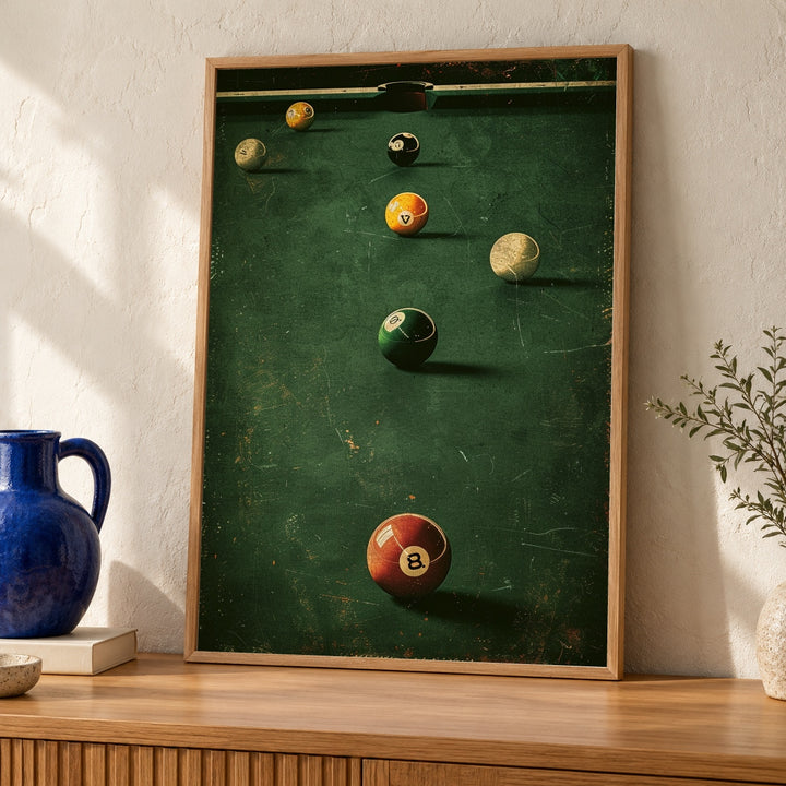 Retro Billiards Poster, Vintage Pool Hall Wall Art, Dark Green Palette, Classic Typography, Nostalgic Sports Print Gloss