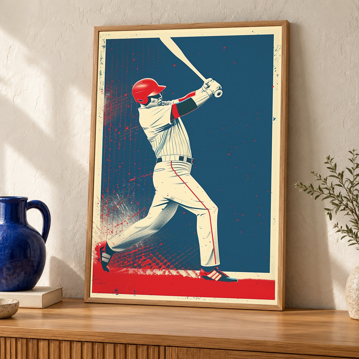 Retro Baseball Poster, Vintage Player Batting Wall Art, Mid Century Sports Illustration, Halftone Texture, Nostalgic Print Gloss — oak frame room mockup