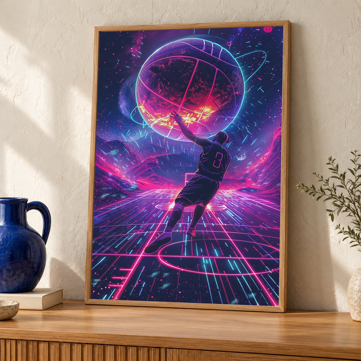 Retro Neon Basketball Poster, 80s Synthwave Sports Wall Art, Vaporwave Background, Glowing Neon Colors, Dynamic Hoop Print Gloss