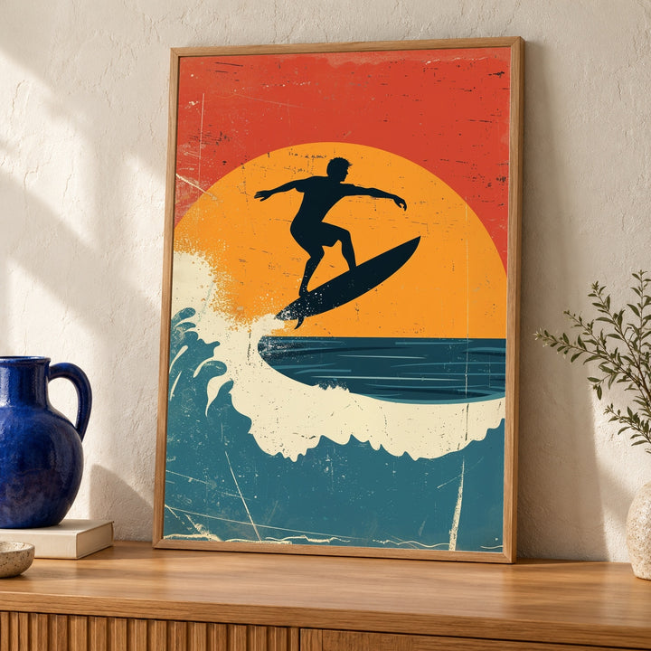 Retro Surfing Poster, 1970s Vintage Beach Wall Art, Surf Culture Illustration, Bold Sunset Colors, Retro Sports Print Gloss