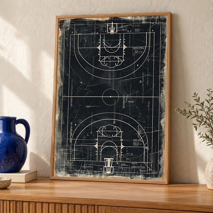 Retro Sports Patent Poster, Vintage Basketball Court Blueprint Wall Art, Minimal Typography, Technical Drawing Print Gloss