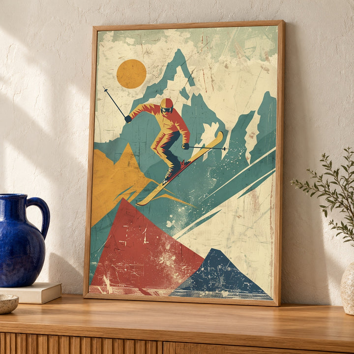 Retro Ski Resort Poster, 1960s Vintage Alpine Travel Wall Art, Skier Action Pose, Geometric Mountains, Pastel Winter Print Gloss