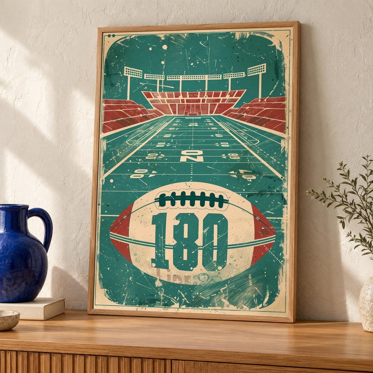 Retro Football Art, Vintage Stadium Poster, Game Day Print — oak frame room mockup