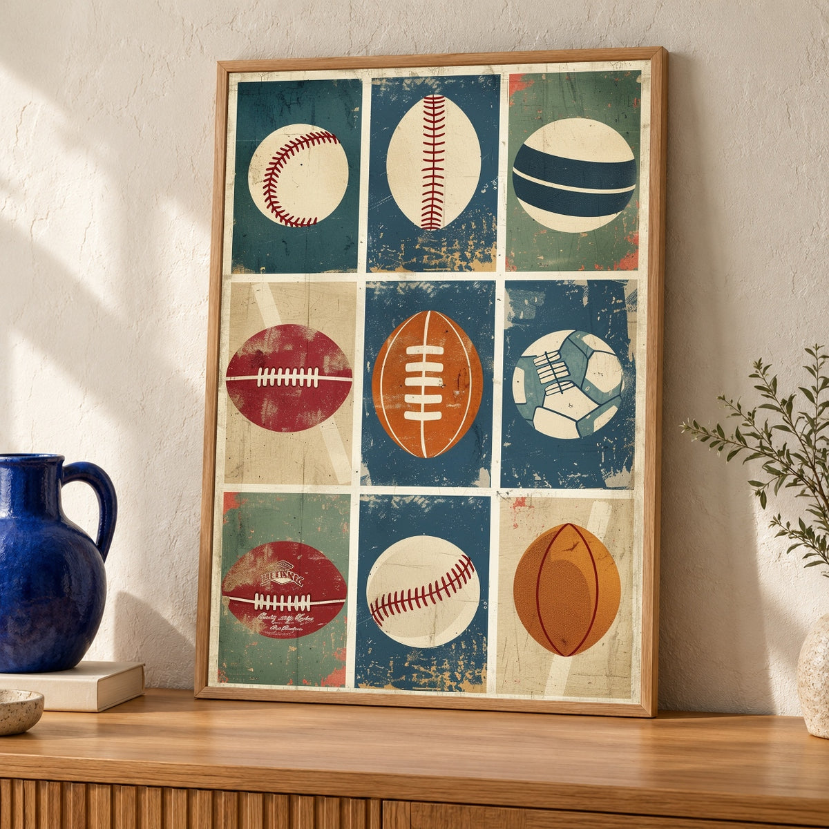 Retro Sports Wall Art, Vintage Baseball Football Poster — oak frame room mockup