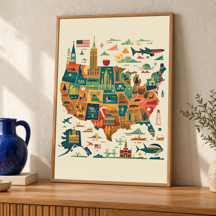 USA Map Wall Art, Retro Travel Poster, 50 States Landmark Print