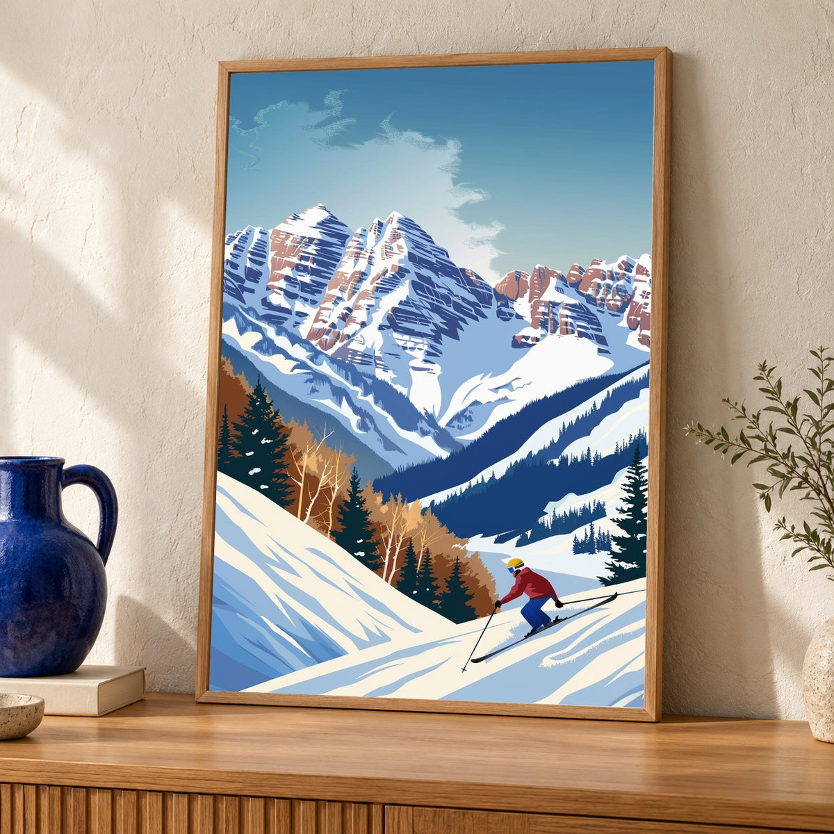 Aspen Colorado Art, Retro Ski Poster, Snow Mountain Print — oak frame room mockup