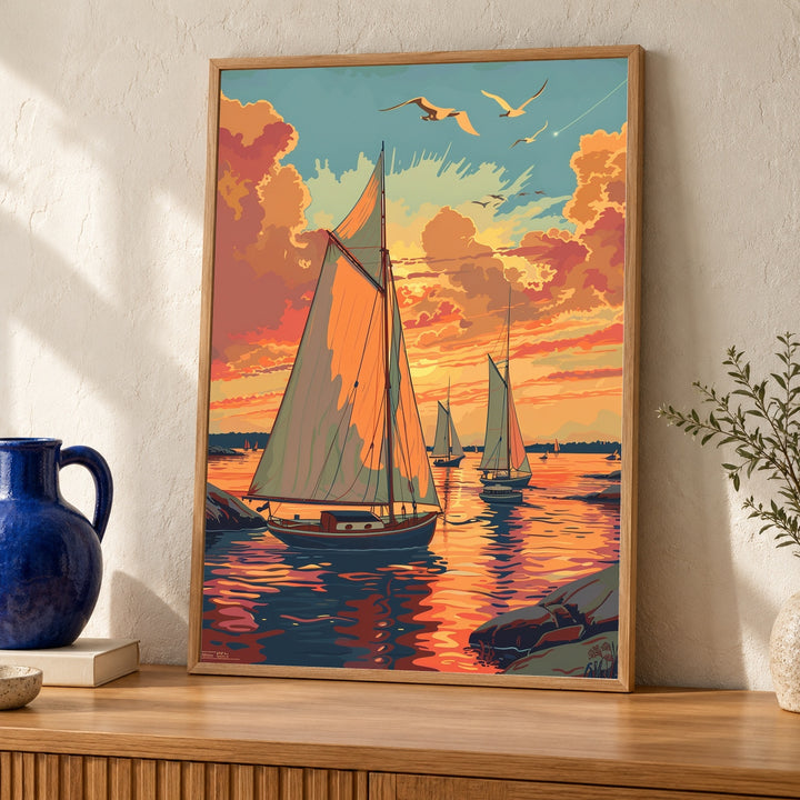 Boston Harbor Poster, Vintage Sailboat Sunset Print, Americana Coastal Decor