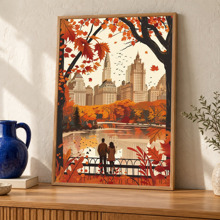 New York Wall Art, Central Park Autumn Retro Poster, Vintage Print