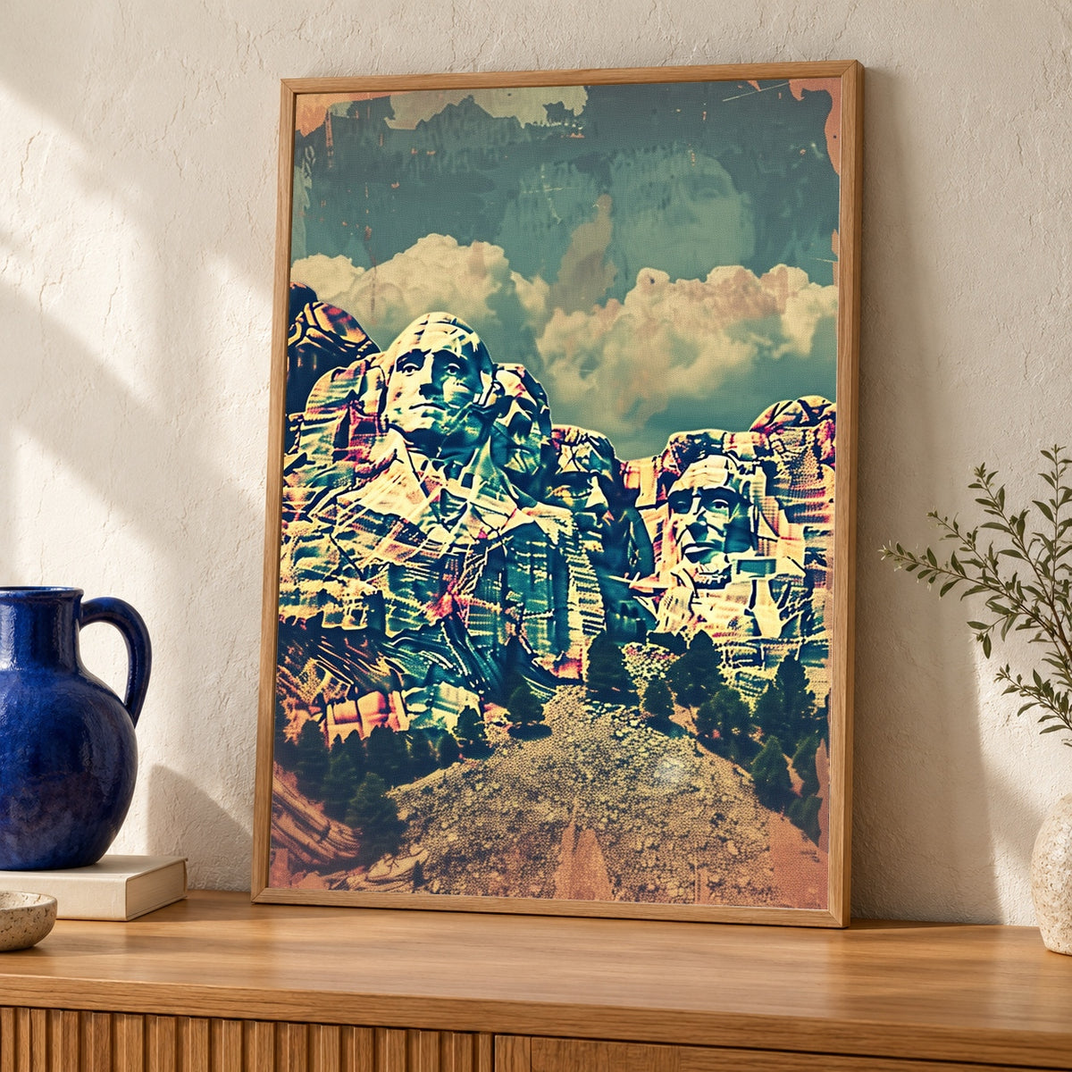 Mount Rushmore Retro Travel Poster, Vintage Americana Wall Art, 1950s Patriotic Landmark Illustration Gloss Print — oak frame room mockup