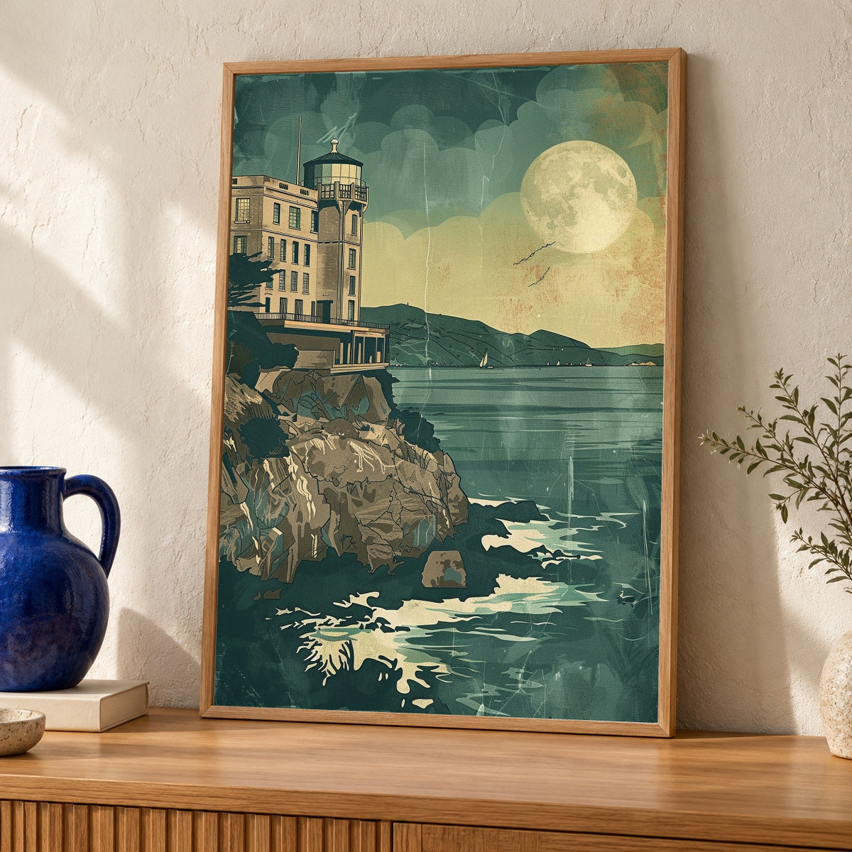 Alcatraz Island Retro Poster, Vintage San Francisco Wall Art, Moody Bay Illustration, 1950s Travel Poster Gloss Print — oak frame room mockup