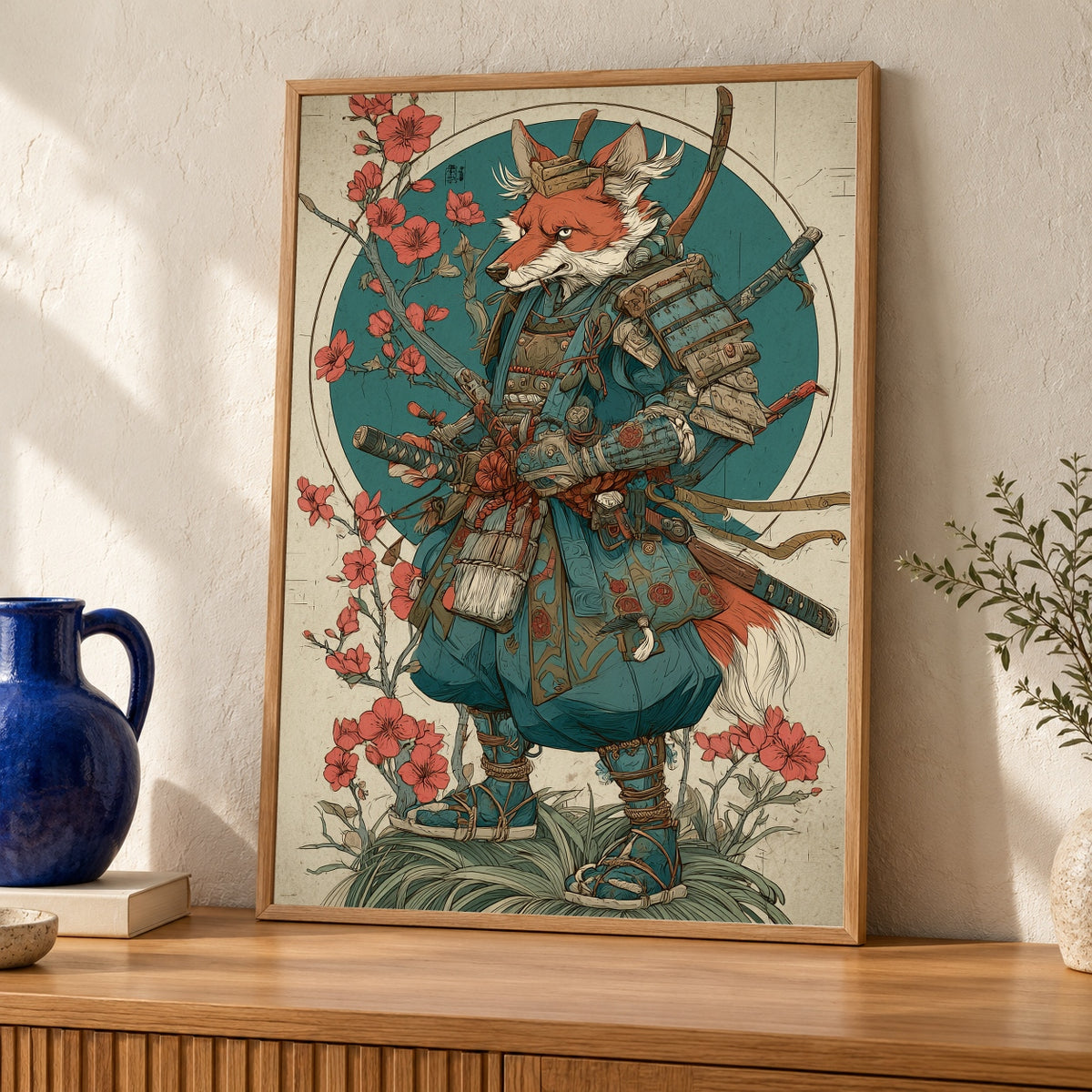 Fox Samurai Poster, Mystical Japanese Warrior Wall Art, Traditional Folklore Samurai Illustration, Retro Gloss Print — oak frame room mockup
