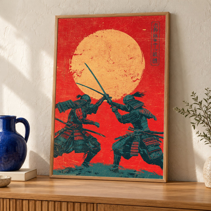 Samurai Duel Wall Art, Japanese Warrior Print, Retro Battle Poster