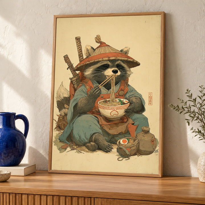Samurai Raccoon Poster, Playful Japanese Warrior Eating Ramen, Retro Vintage Samurai Wall Art, Cute Gloss Print