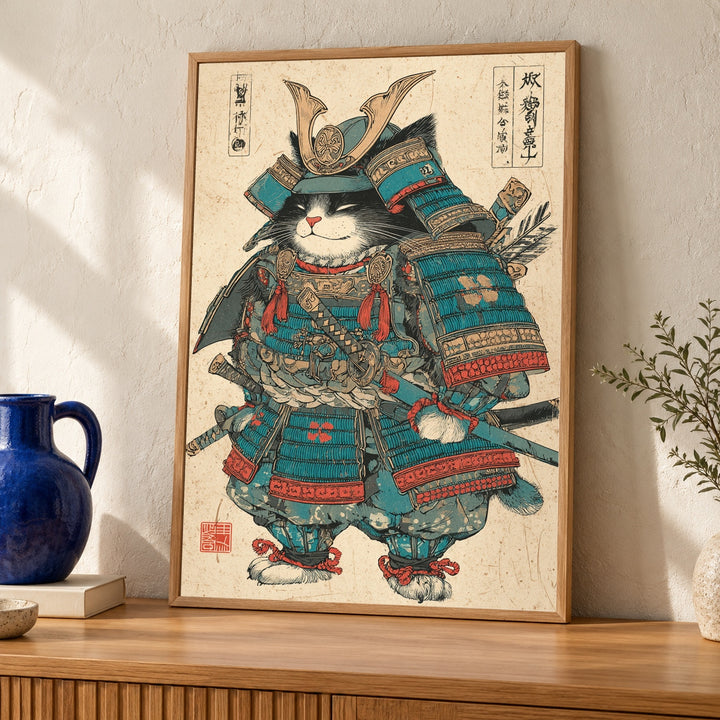 Samurai Cat Poster, Ukiyo-e Warrior Cat Wall Art, Vintage Japanese Armor Illustration, Retro Samurai Gloss Print