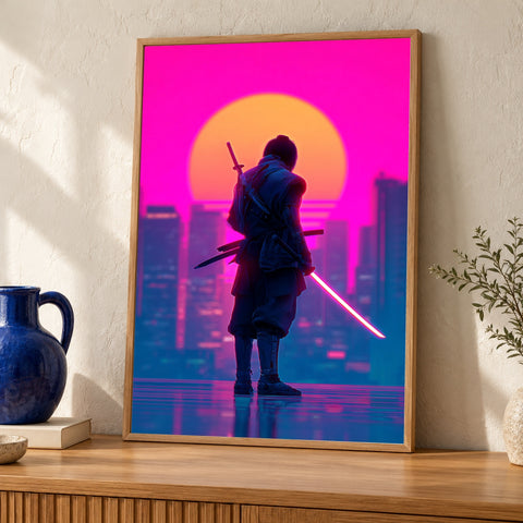 Samurai Neon Poster, Synthwave Warrior Print, Tokyo Cyberpunk Decor — oak frame room mockup
